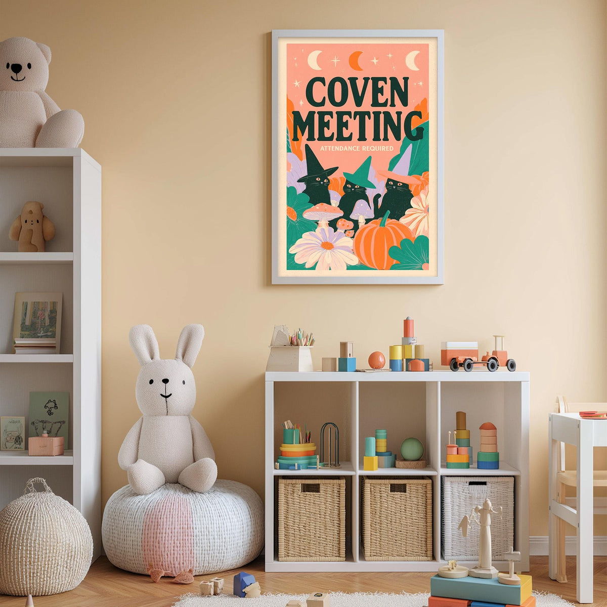 a cozy and colorful nursery room with a large stuffed rabbit, a bookshelf, and a toy chest. The room has a warm and inviting atmosphere, with a poster on the wall that reads "COVEN MEETING" and a variety of toys and decorations throughout the space.