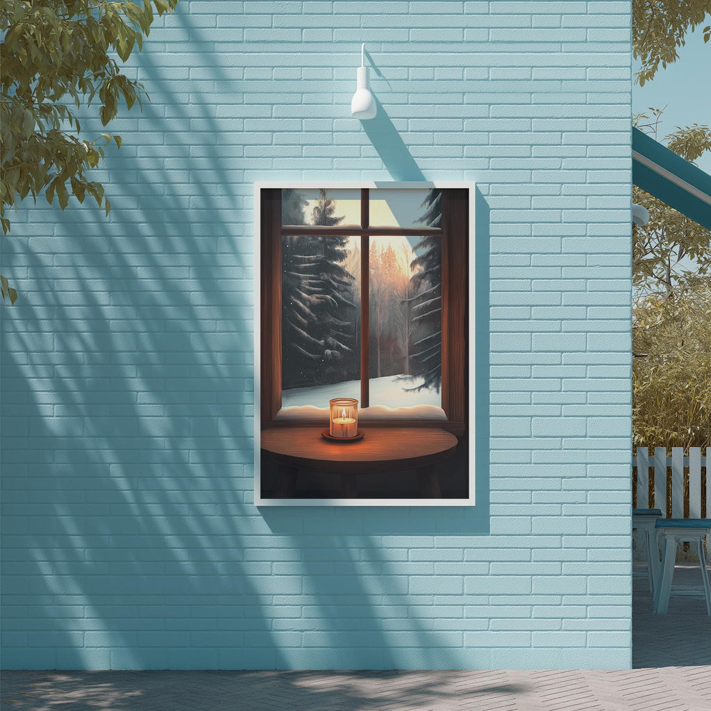 a cozy scene with a candlelit table in front of a window, set against a backdrop of a blue brick wall.