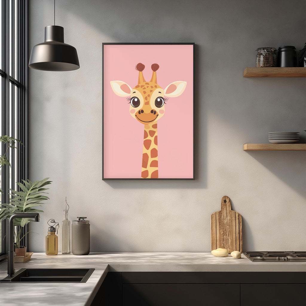 a kitchen counter with a framed picture of a giraffe on the wall above it. The giraffe has a pink background and is depicted in a playful, cartoon-like style. The kitchen counter also has various items such as a cutting board, a bottle, and a plant.