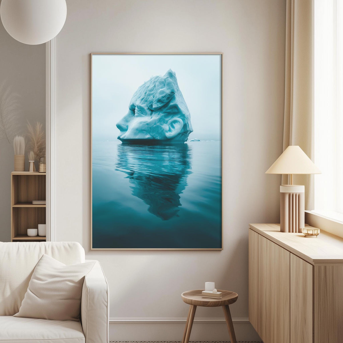 a large, abstract painting of a blue, icy landscape with a large, jagged ice formation in the center. The painting is displayed on a wall in a living room setting, with a white couch and a wooden side table visible in the background.
