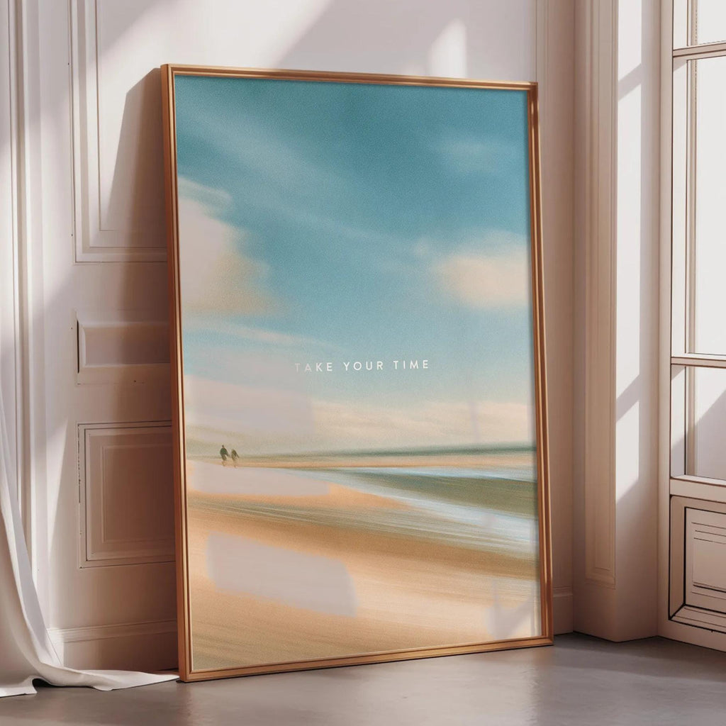 a large framed poster with a beach scene and the text "Take your time" displayed on it.