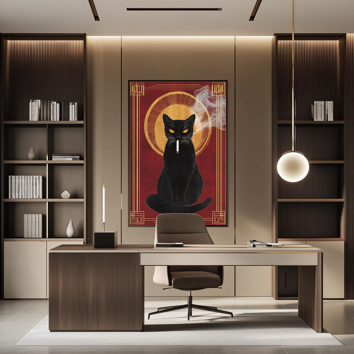 a modern office space with a large black cat painting on the wall, a wooden desk with a chair, and a bookshelf filled with books.