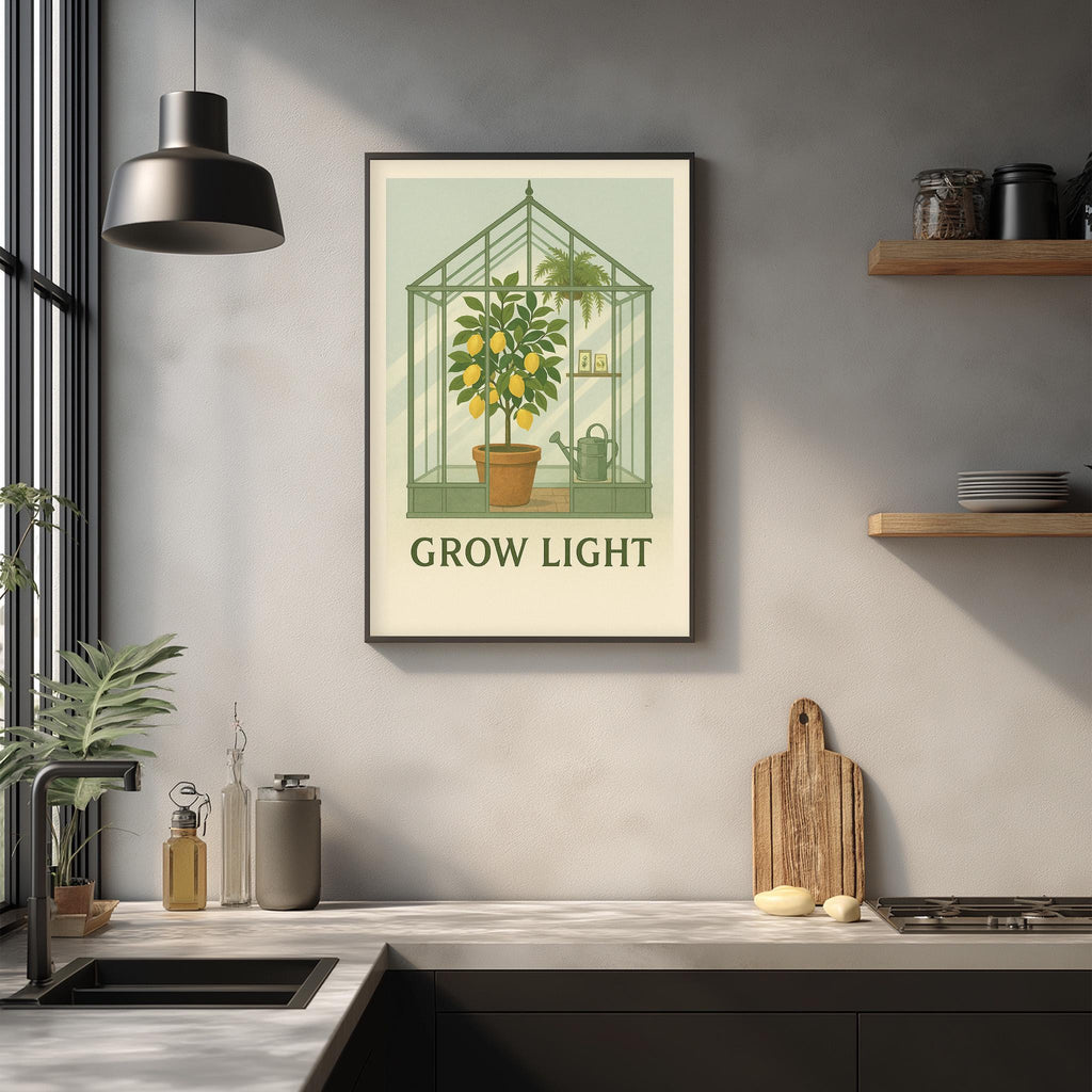 a kitchen counter with a framed poster of a lemon tree, a hanging light fixture, and various kitchen items such as a cutting board, a soap dispenser, and a plant.
