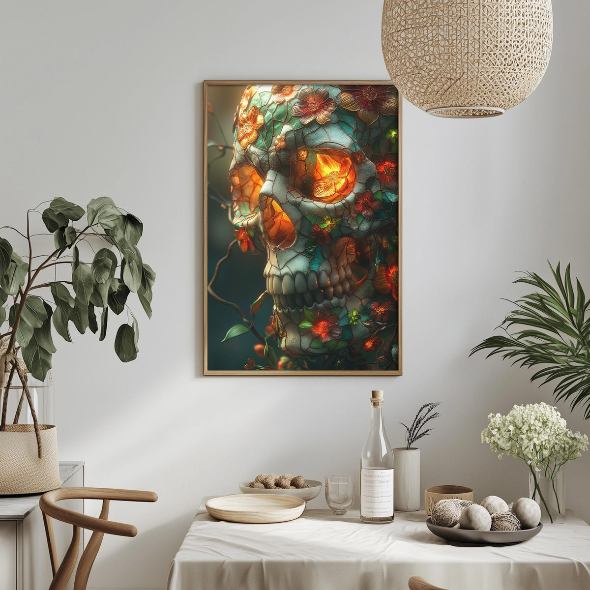 a framed artwork of a colorful, intricate skull with floral and geometric patterns, hanging on a wall above a dining table with various decorative items and plants.