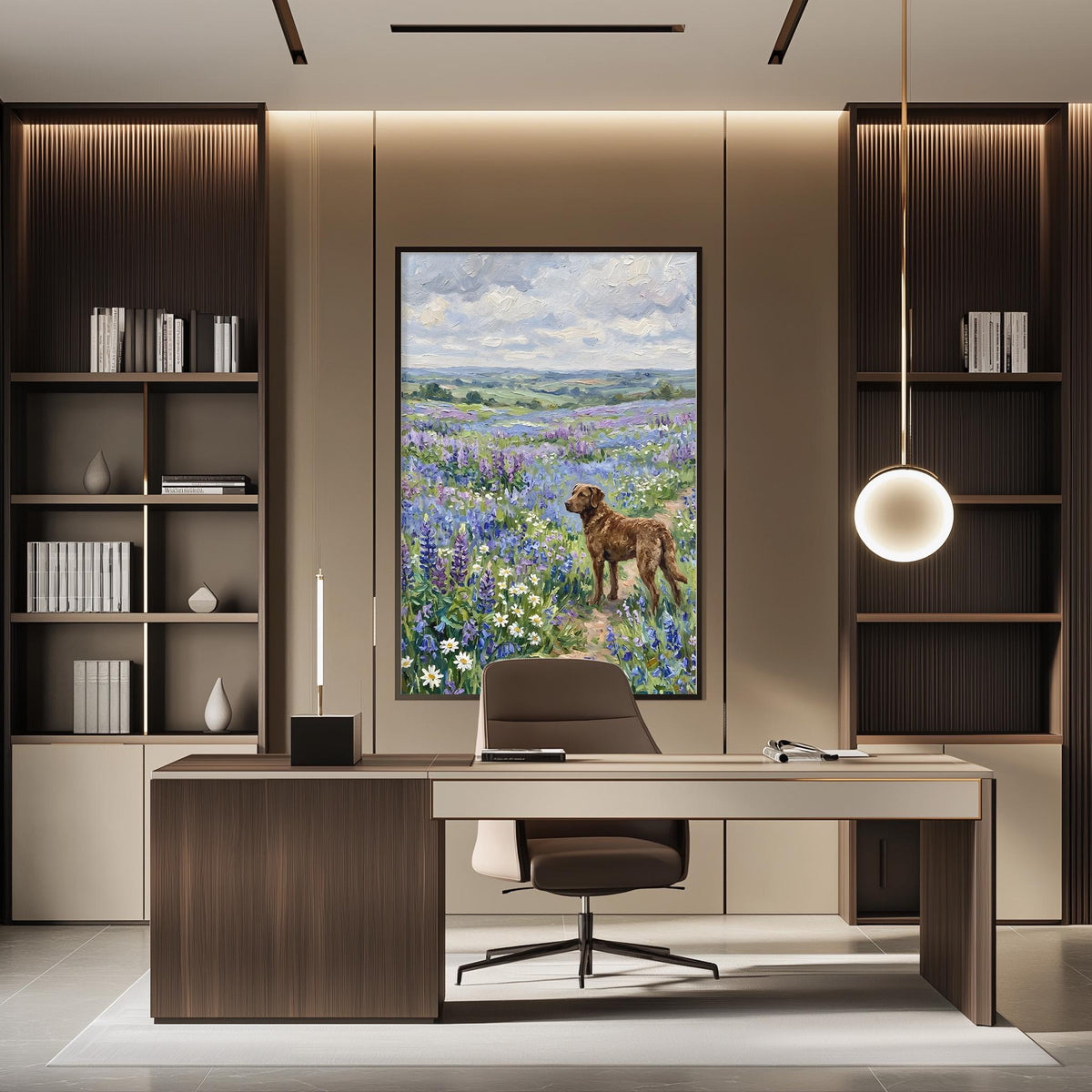 a modern office space with a large painting of a dog in a field of flowers hanging on the wall. The office features a wooden desk, a comfortable chair, and a bookshelf filled with books. The overall design and decor create a serene and inviting atmosphere.