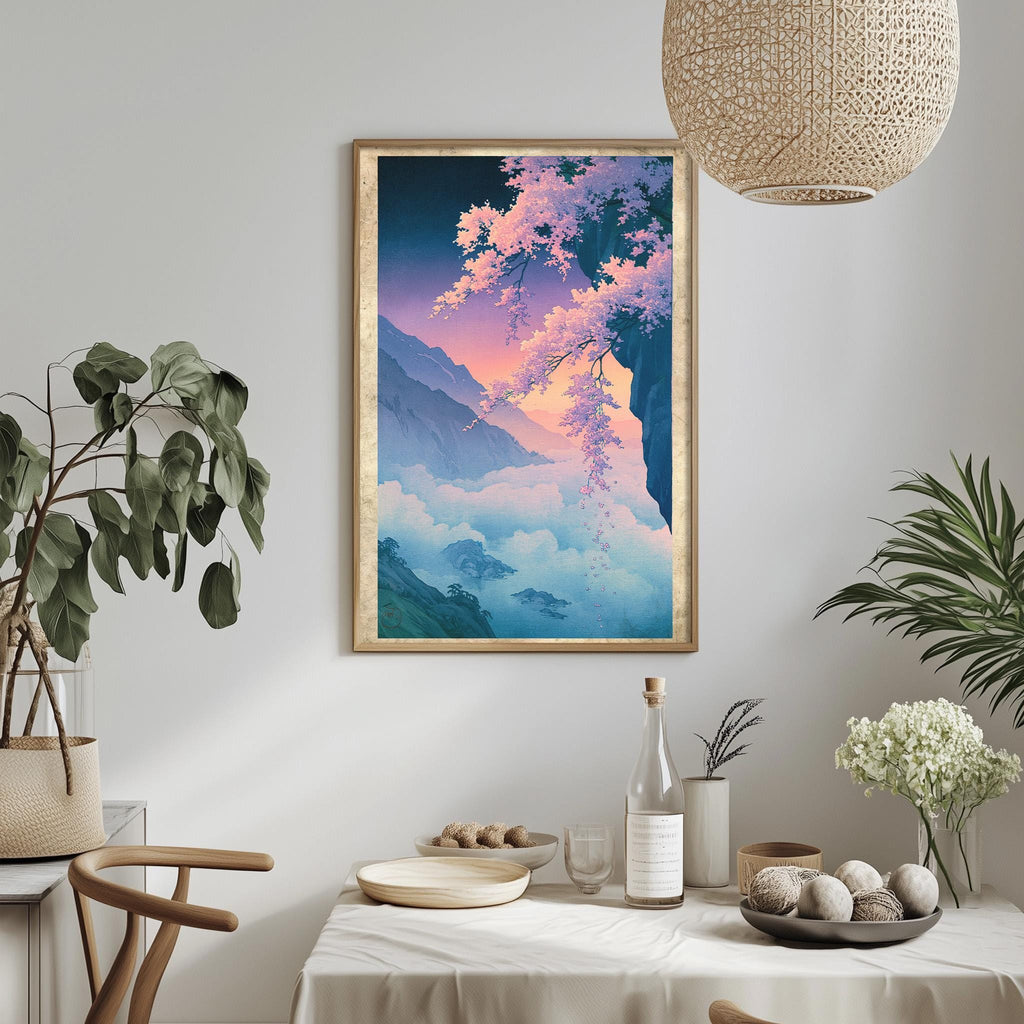 a serene indoor setting with a framed painting of a mountain landscape hanging on the wall, a dining table with a vase of flowers, and a potted plant.