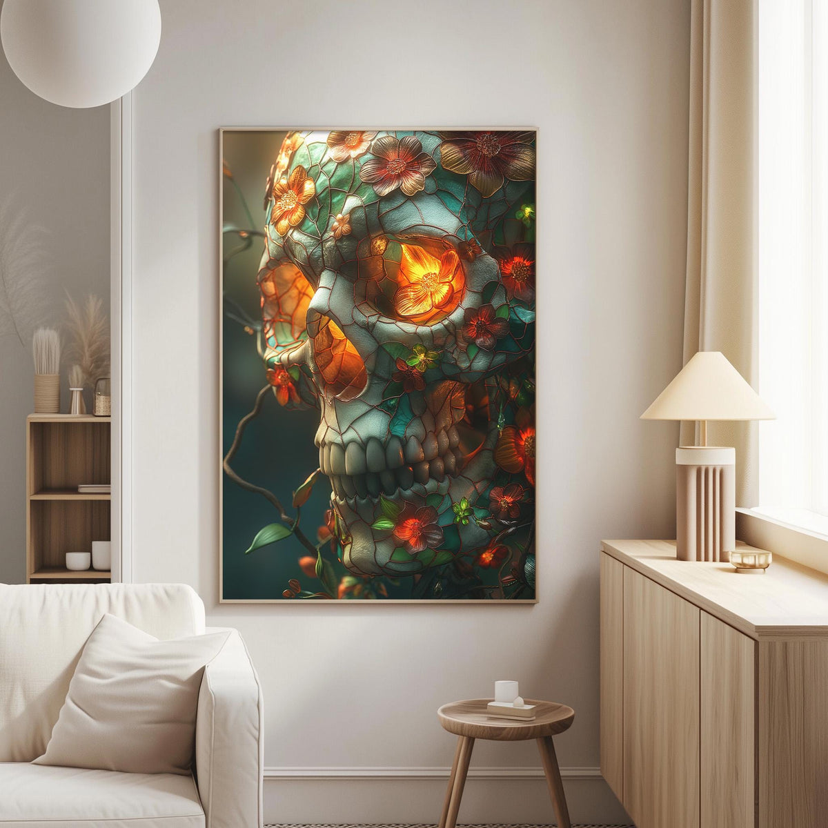 a large framed artwork of a colorful, intricate skull with floral and geometric patterns adorning its surface, hanging on a wall in a living room setting.