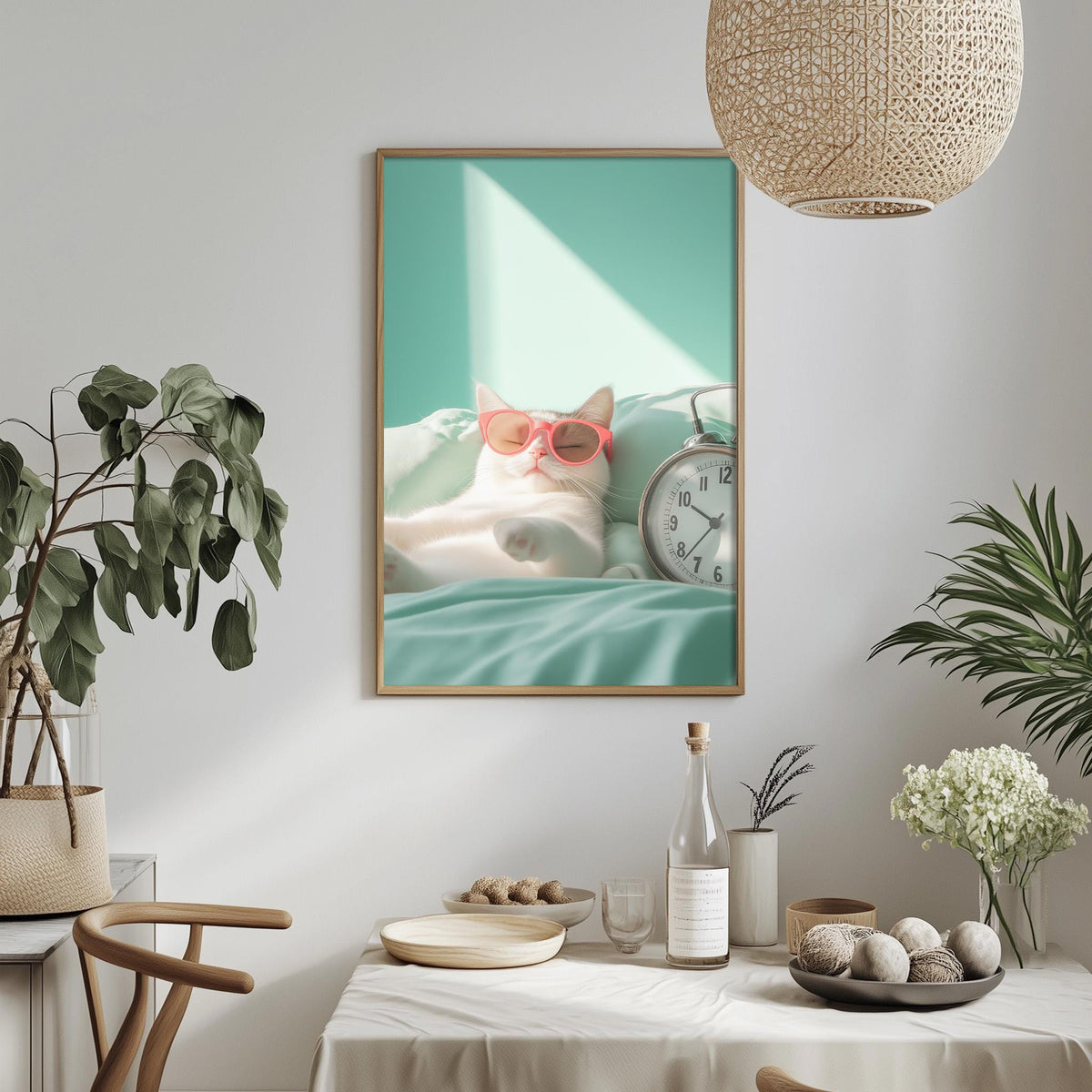 a cozy indoor setting with a framed picture of a cat wearing sunglasses, a clock, and a plant on a table.