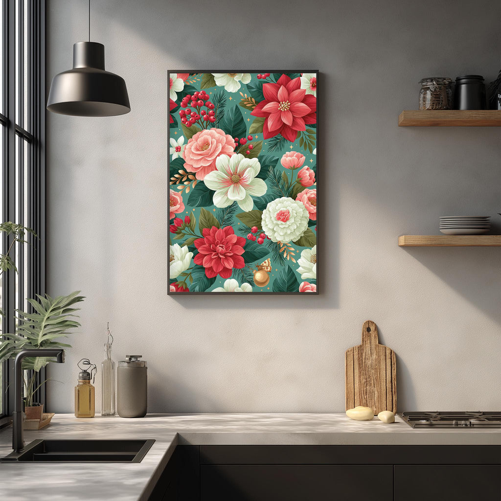 a kitchen counter with a framed floral print hanging on the wall above it. The print is a vibrant display of red, white, and pink flowers, creating a lively and colorful atmosphere in the kitchen.