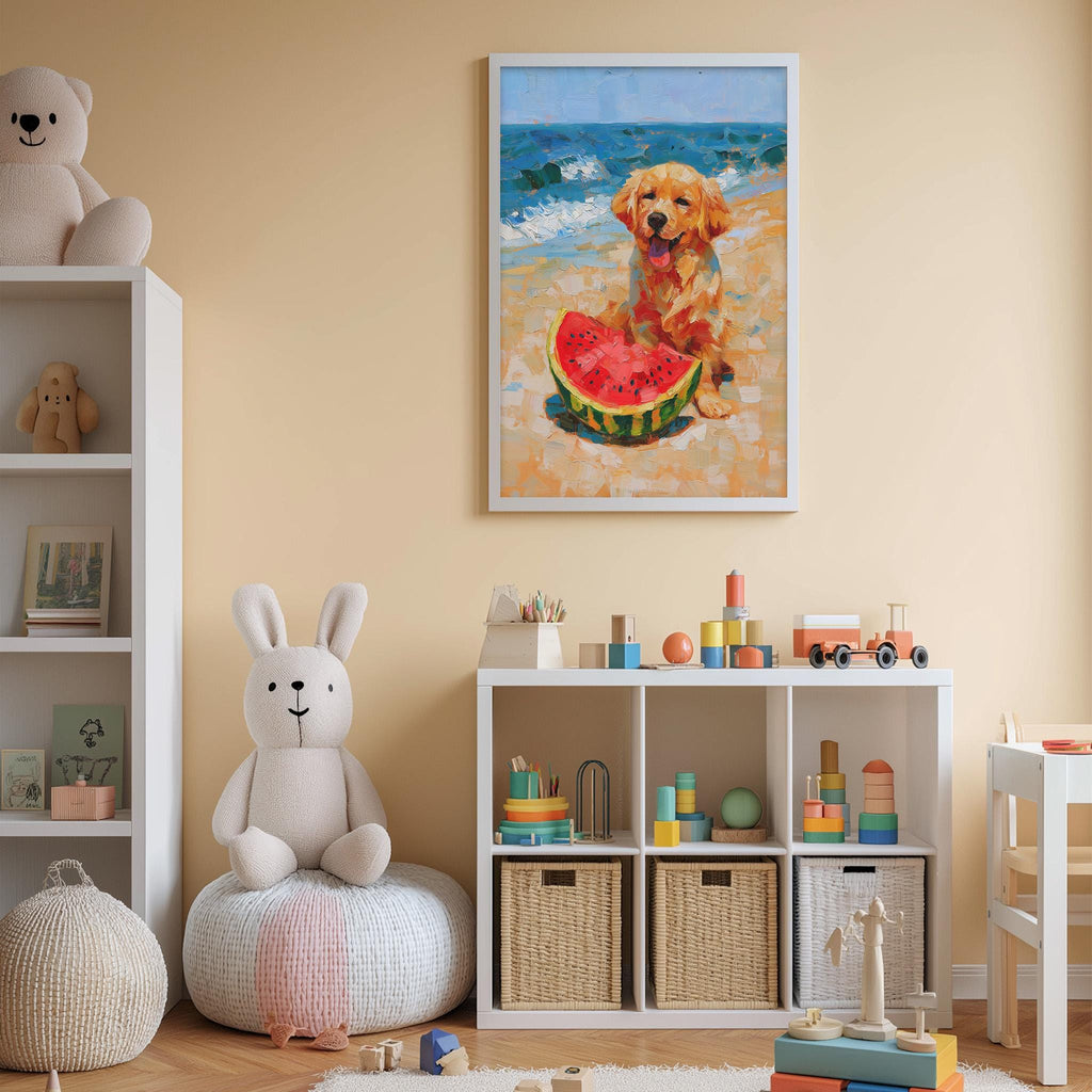 A child's bedroom with a white bookshelf, a stuffed rabbit, a stuffed dog, and a framed painting of a dog eating a watermelon slice.