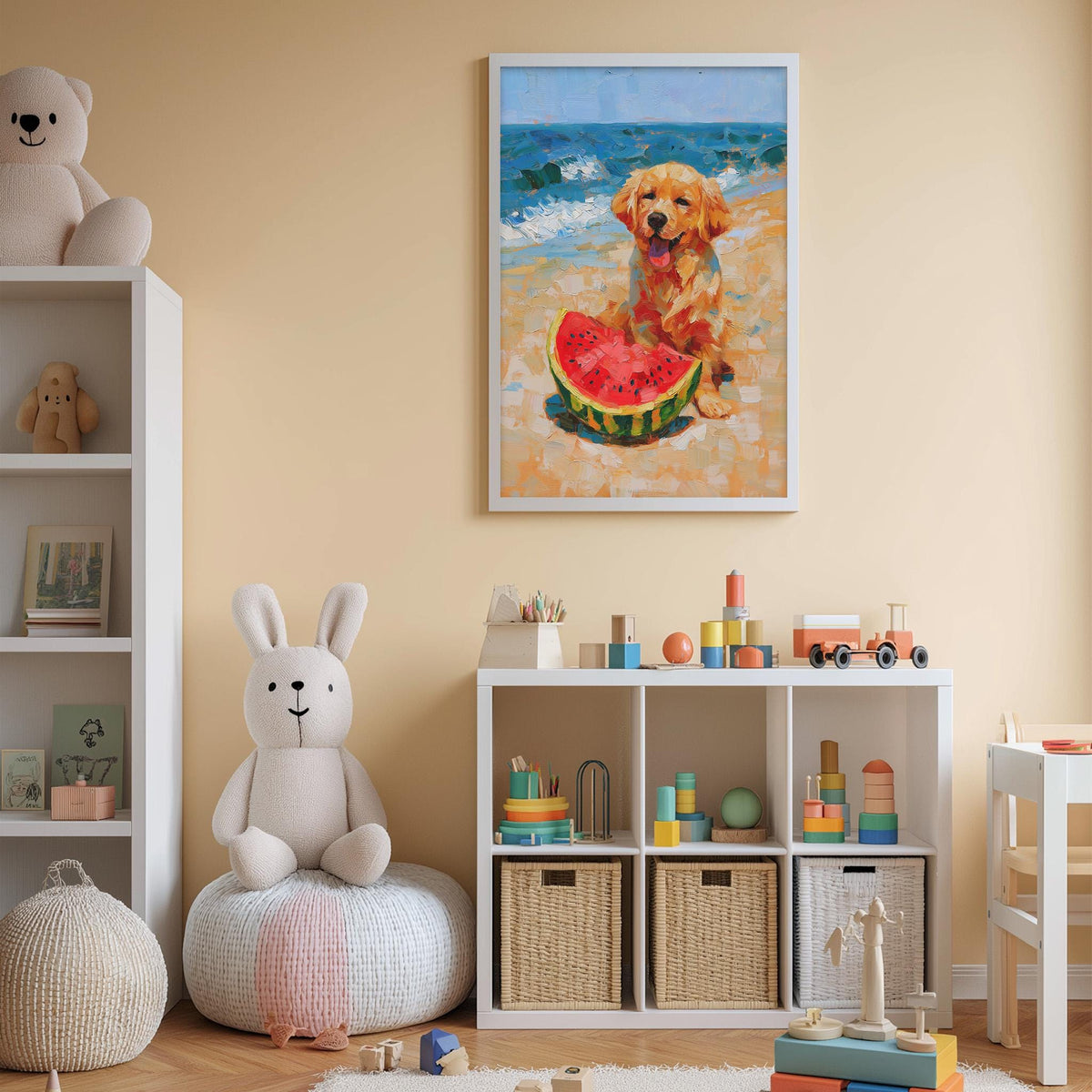 A child's bedroom with a white bookshelf, a stuffed rabbit, a stuffed dog, and a framed painting of a dog eating a watermelon slice.