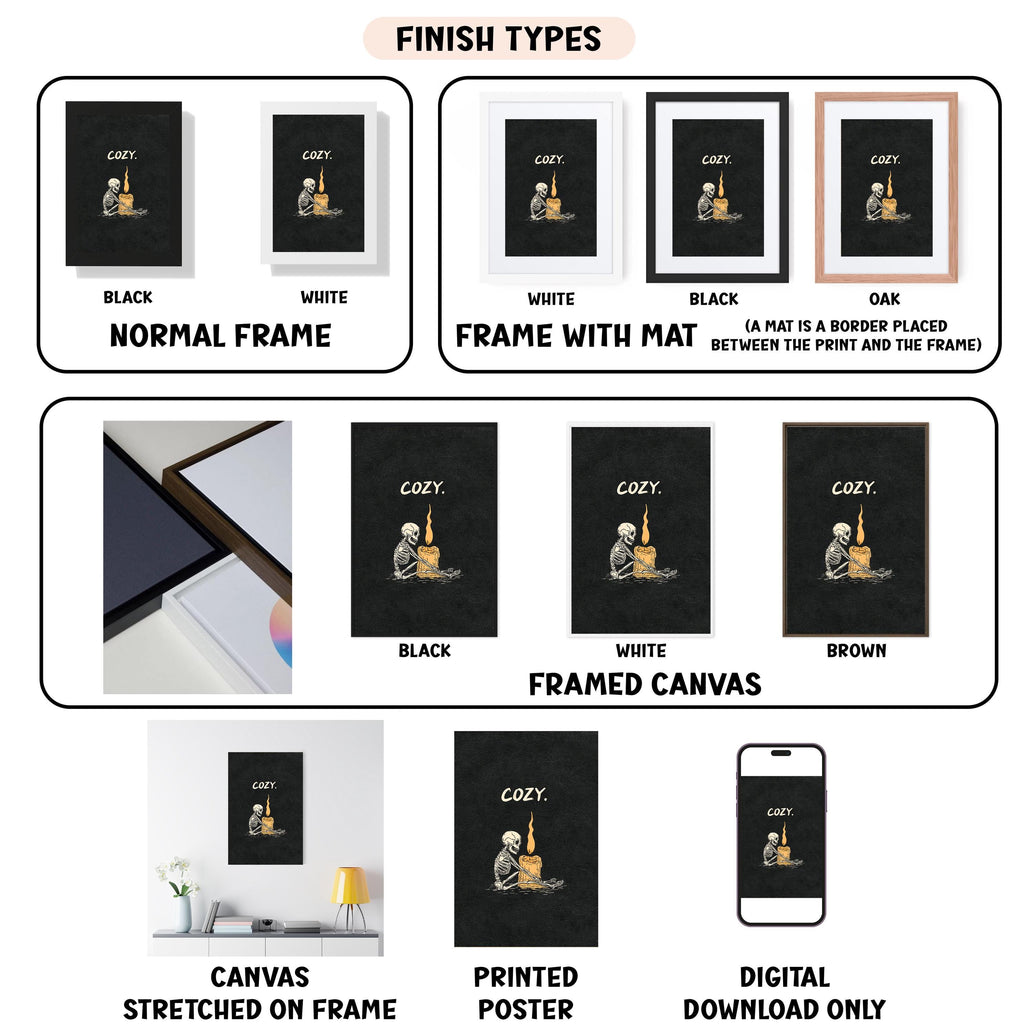 various finish types for a canvas print, including a normal frame, a frame with a mat, a black frame, a white frame, a black frame, a white framed canvas, a framed canvas, a stretched canvas, a printed poster, and a digital download only.
