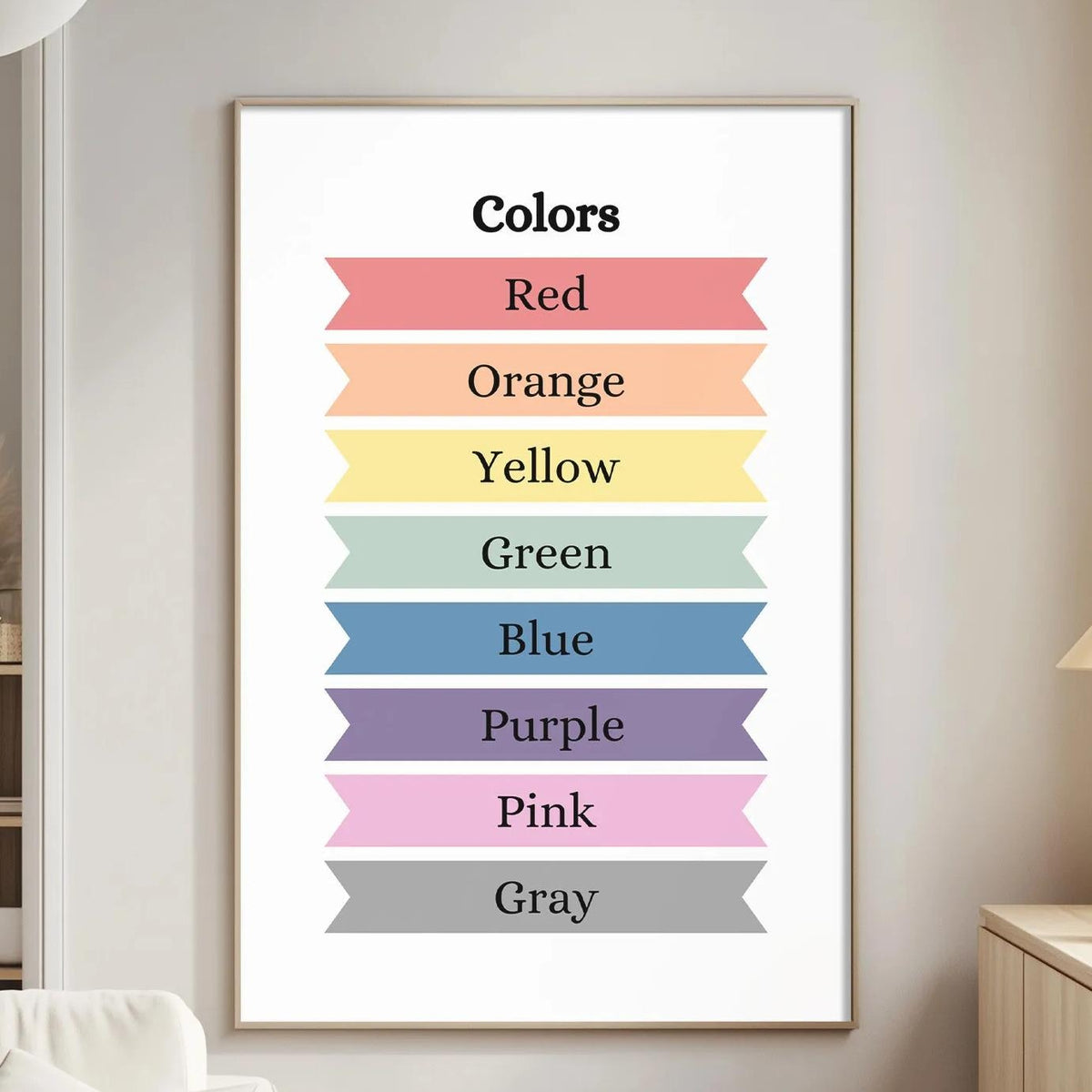 a poster of the rainbow colors hanging on a wall in a living room.