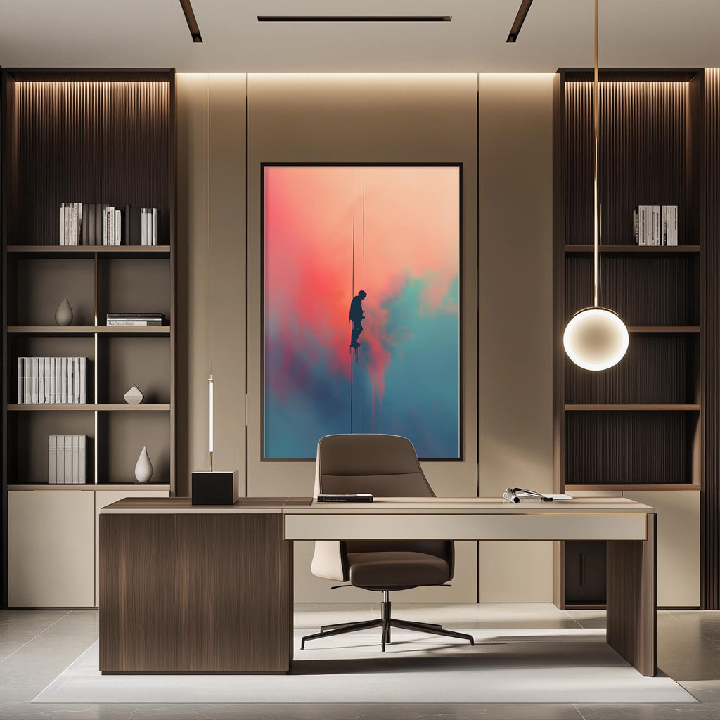 a modern and minimalist office space with a large abstract painting on the wall, a wooden desk with a chair, and built-in bookshelves.