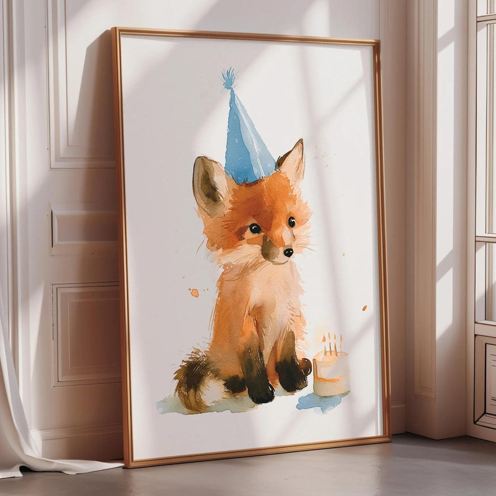 A framed watercolor painting of a fox wearing a blue party hat, with a birthday candle in front of it.