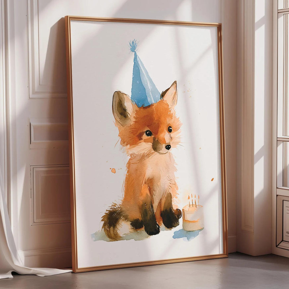 A framed watercolor painting of a fox wearing a blue party hat, with a birthday candle in front of it.