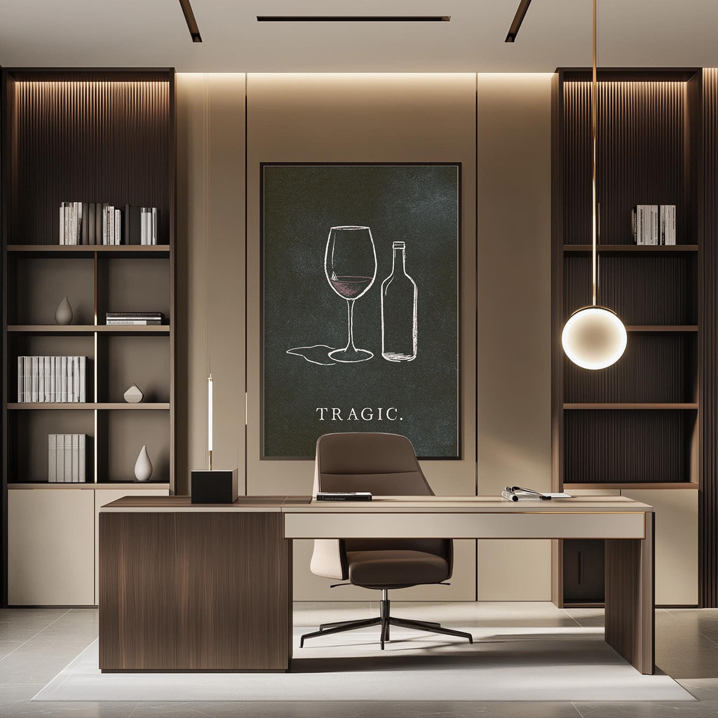 a modern and minimalist office space with a desk, chair, and shelving units. There is a large blackboard with a white chalkboard drawing of wine glasses and bottles, and a lamp hanging above the desk.
