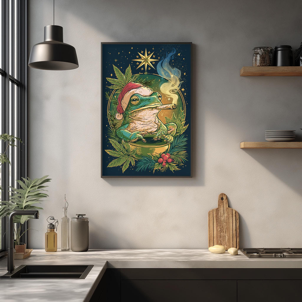 a vibrant and whimsical painting of a frog wearing a Santa hat, smoking a pipe, and sitting in a bowl of fruit, all set against a starry night backdrop. The painting is hung on a wall above a kitchen counter, which has various kitchen items such as a cutting board, a bottle, and a bowl.