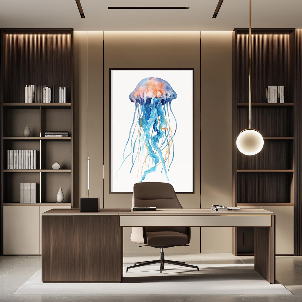 a modern office space with a large framed artwork of a jellyfish hanging on the wall. The office features a wooden desk, a comfortable chair, and a bookshelf filled with books. The overall design and decor create a serene and professional atmosphere.