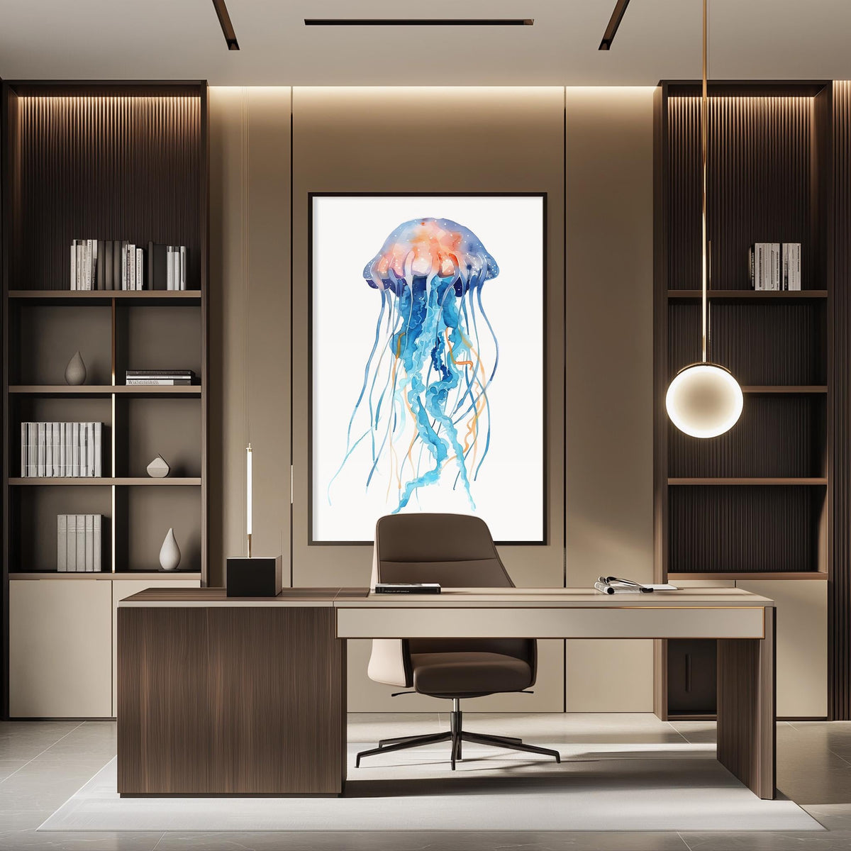 a modern office space with a large framed artwork of a jellyfish hanging on the wall. The office features a wooden desk, a comfortable chair, and a bookshelf filled with books. The overall design and decor create a serene and professional atmosphere.