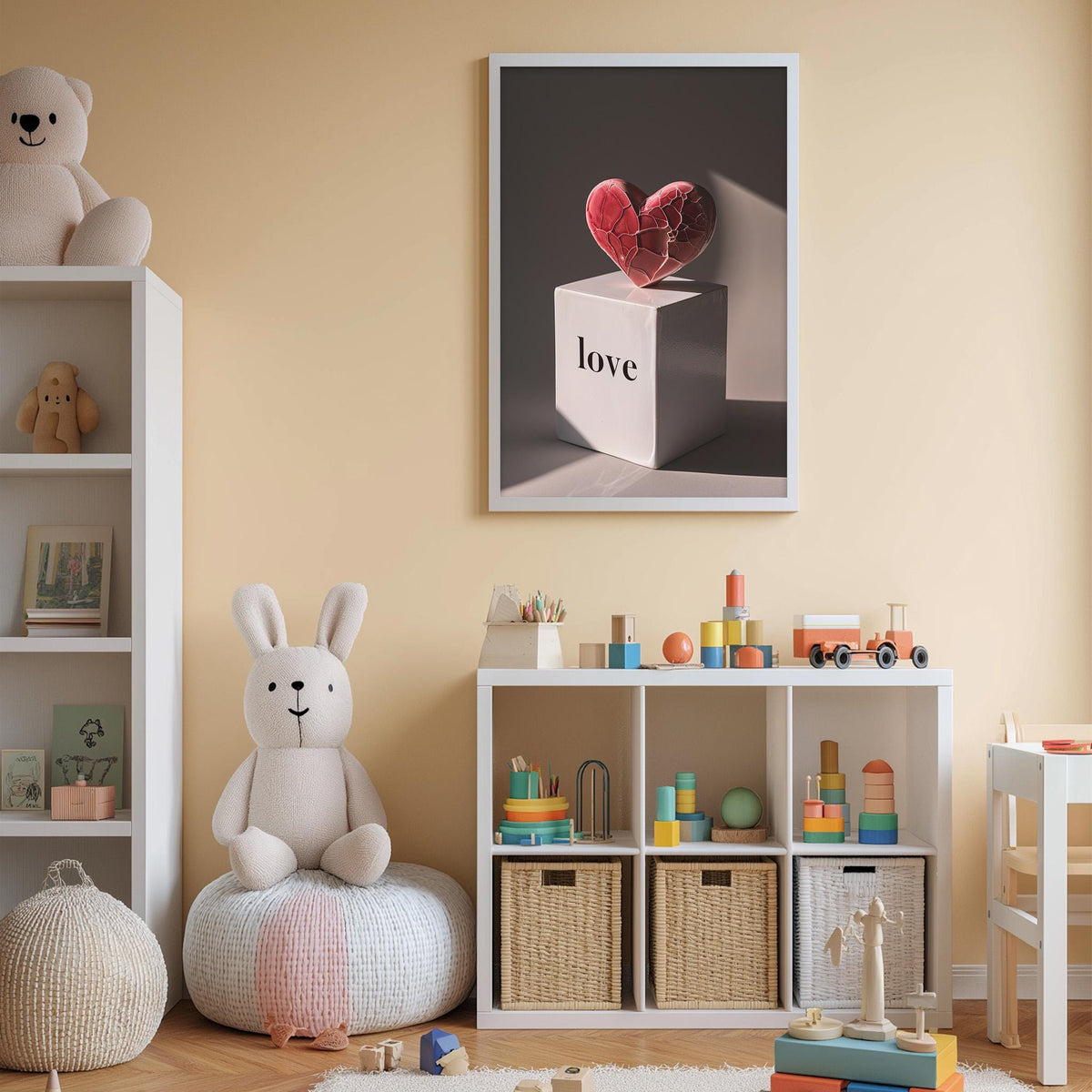 A cozy and colorful children's bedroom with a white bookshelf, a plush rabbit, and a shelf with toys and books. A framed image of a heart-shaped object is displayed on the wall, and a shelf below it holds various toys and storage containers.