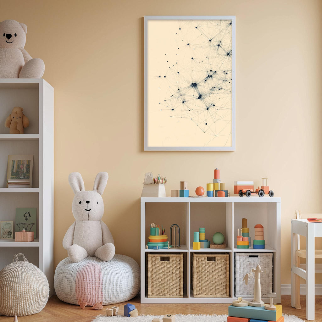 A cozy and colorful children's bedroom with a white bookshelf, a plush rabbit, and a toy train set. The walls are painted a light peach color, and there is a framed abstract art piece hanging on the wall.