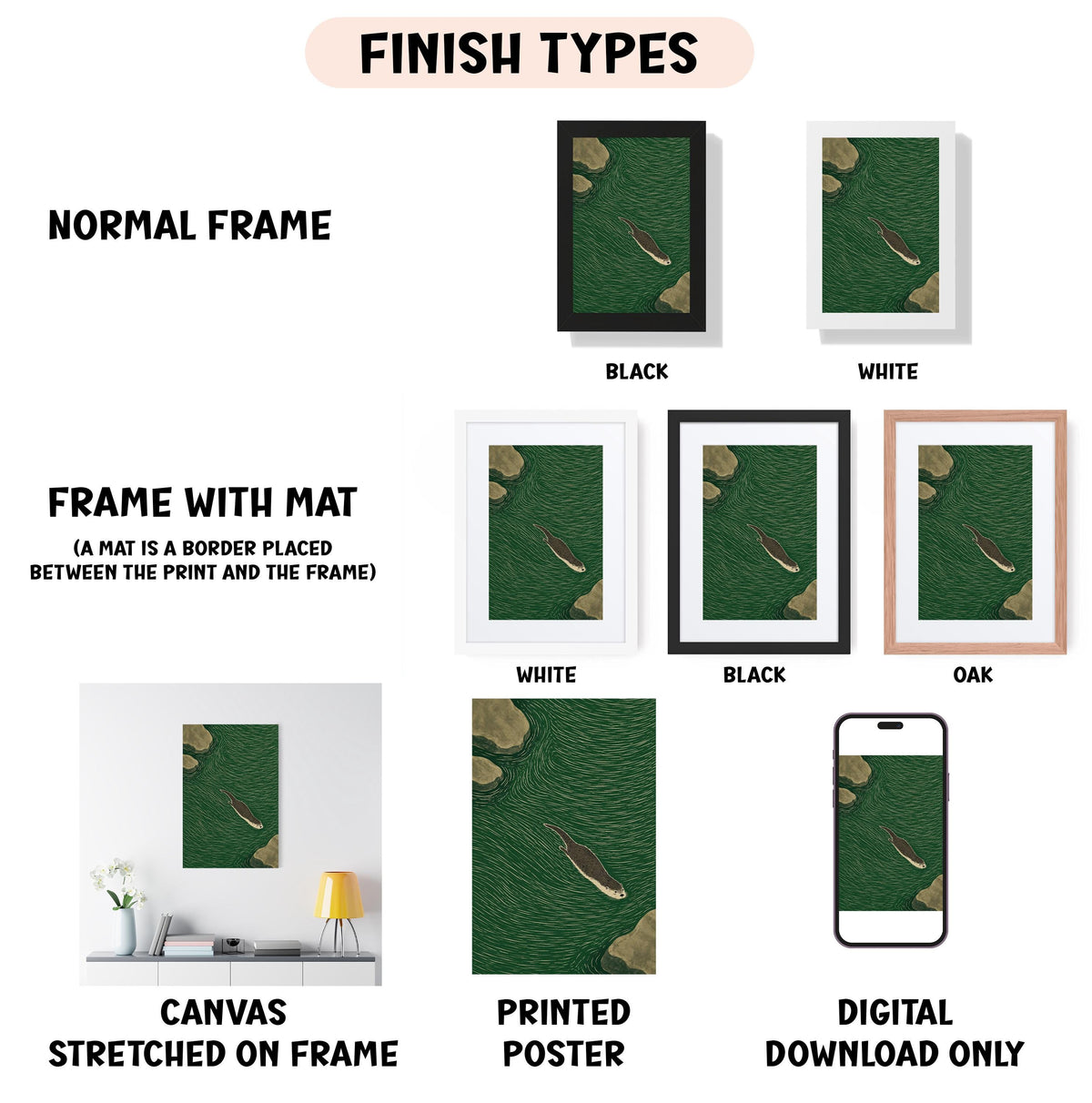 various finish types for artwork, including a normal frame, a frame with a mat, a white frame, a black frame, an oak frame, a white canvas stretched on a frame, a printed poster, and a digital download only.