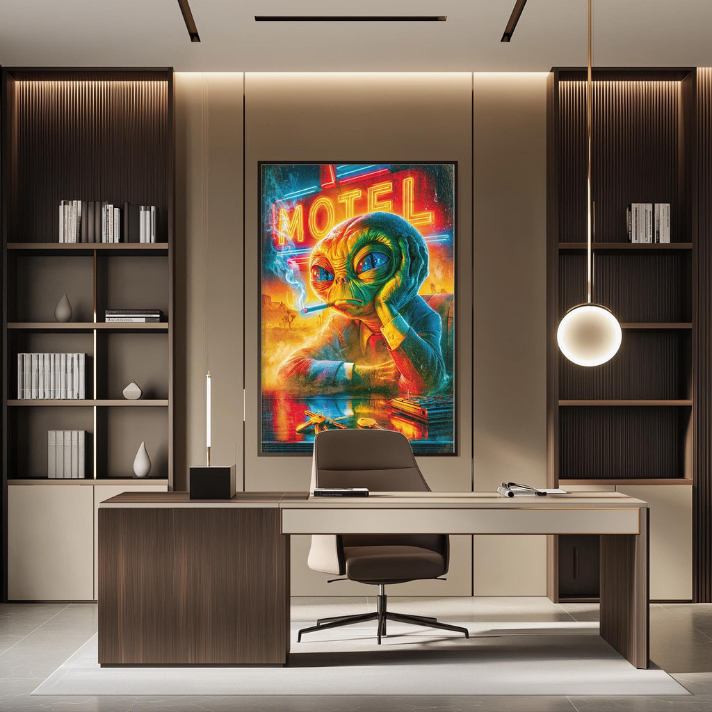a modern office space with a large, colorful poster of an alien on the wall. The office has a wooden desk, a chair, and a bookshelf. The overall design and decor create a contemporary and creative atmosphere.
