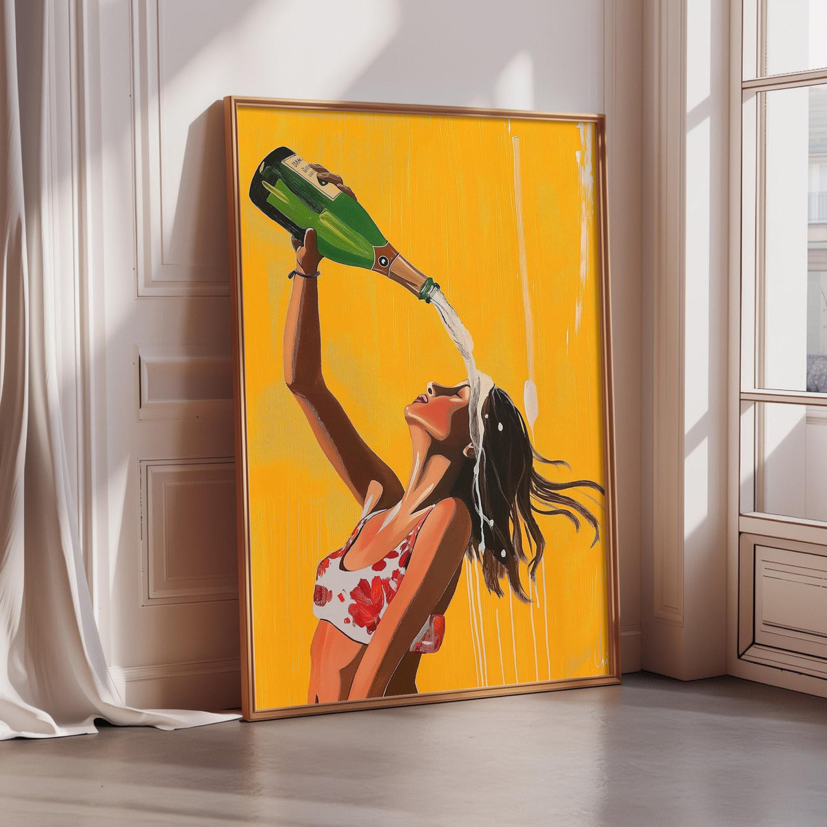 A framed painting depicting a woman in a red and white swimsuit pouring champagne from a bottle into her mouth.
