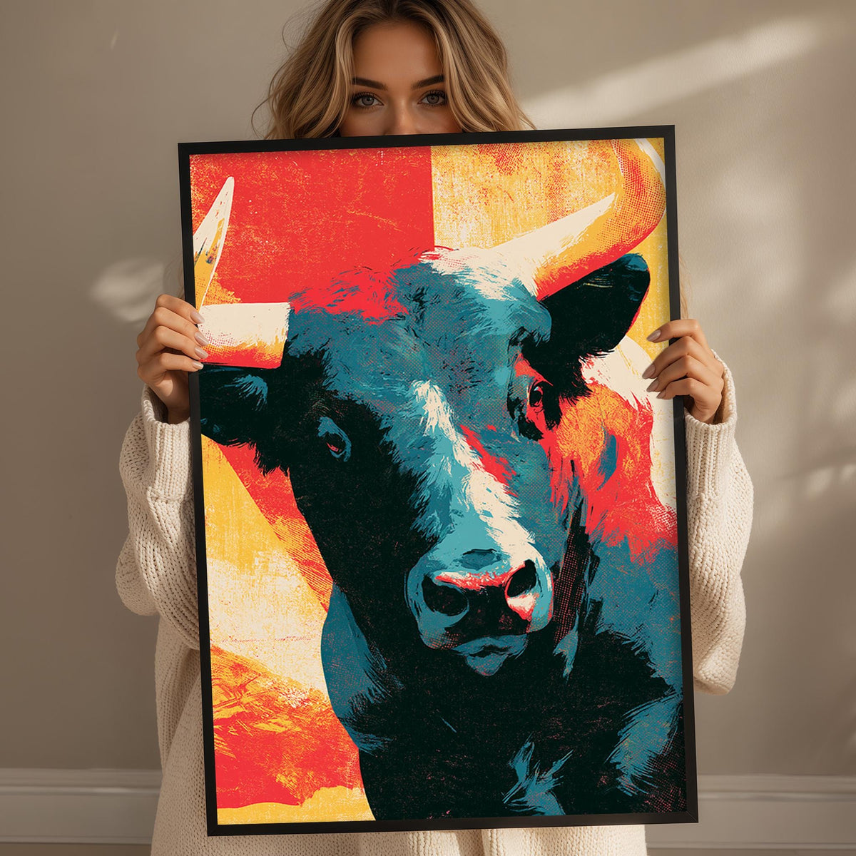 A woman holds up a framed painting of a bull with a striking, colorful design.