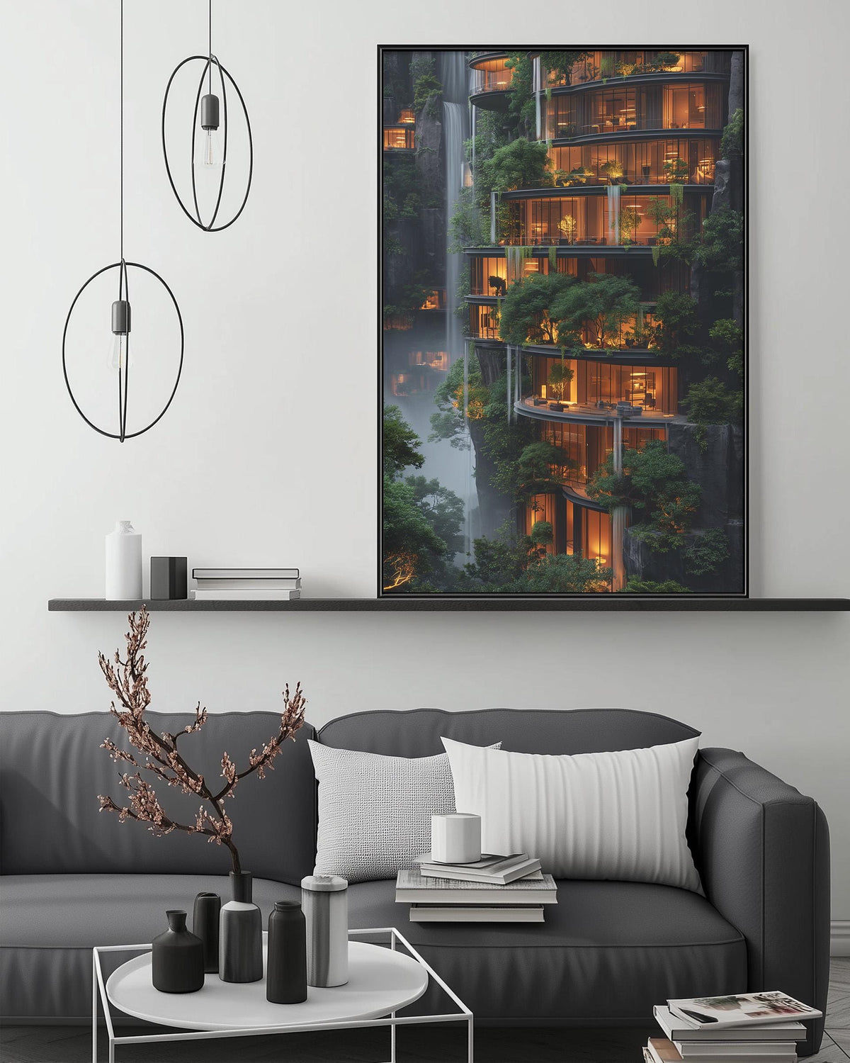 a modern living room with a large, colorful painting of a multi-story building with a waterfall and lush greenery hanging on the wall above a gray sofa.