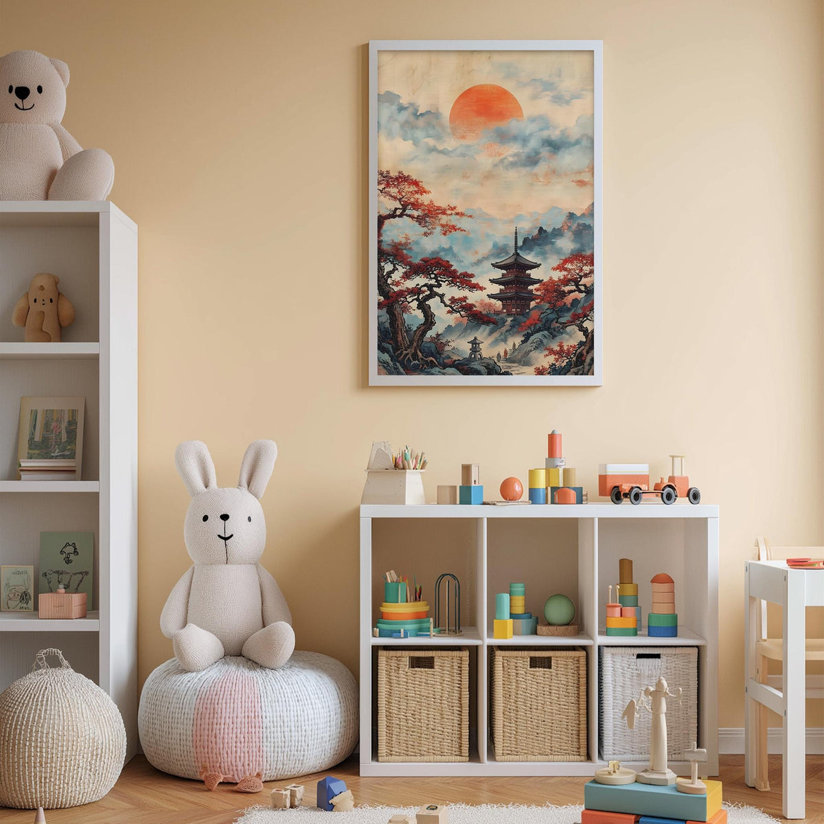 A child's bedroom with a white bookshelf, a stuffed rabbit, and a colorful toy set. The walls are painted a light peach color, and there is a framed picture of a Japanese temple hanging on the wall.