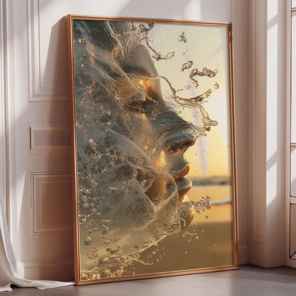 a large, framed picture of a woman's face with water splashing around it, creating a dynamic and artistic composition.