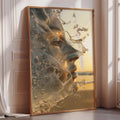 a large, framed picture of a woman's face with water splashing around it, creating a dynamic and artistic composition.