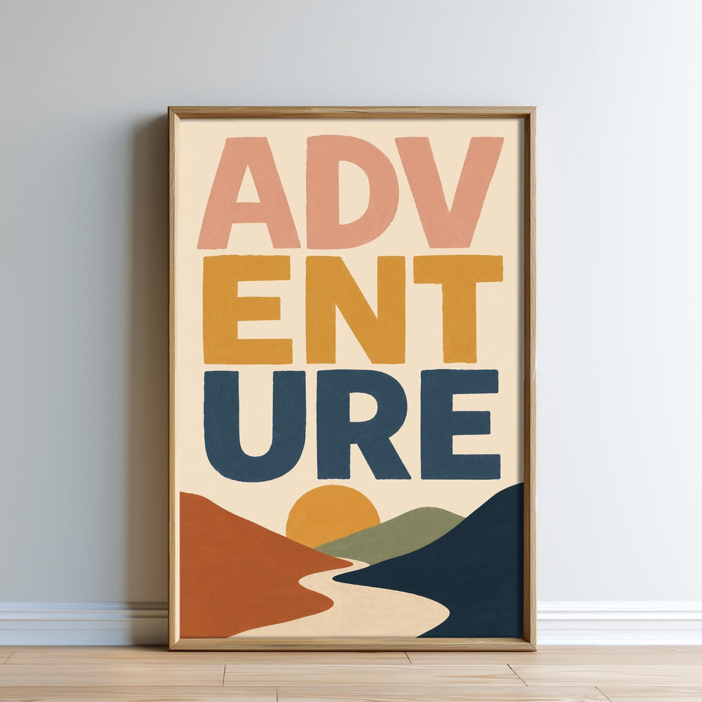 The image is a framed poster with the text "ADVENTURE" prominently displayed in the center.