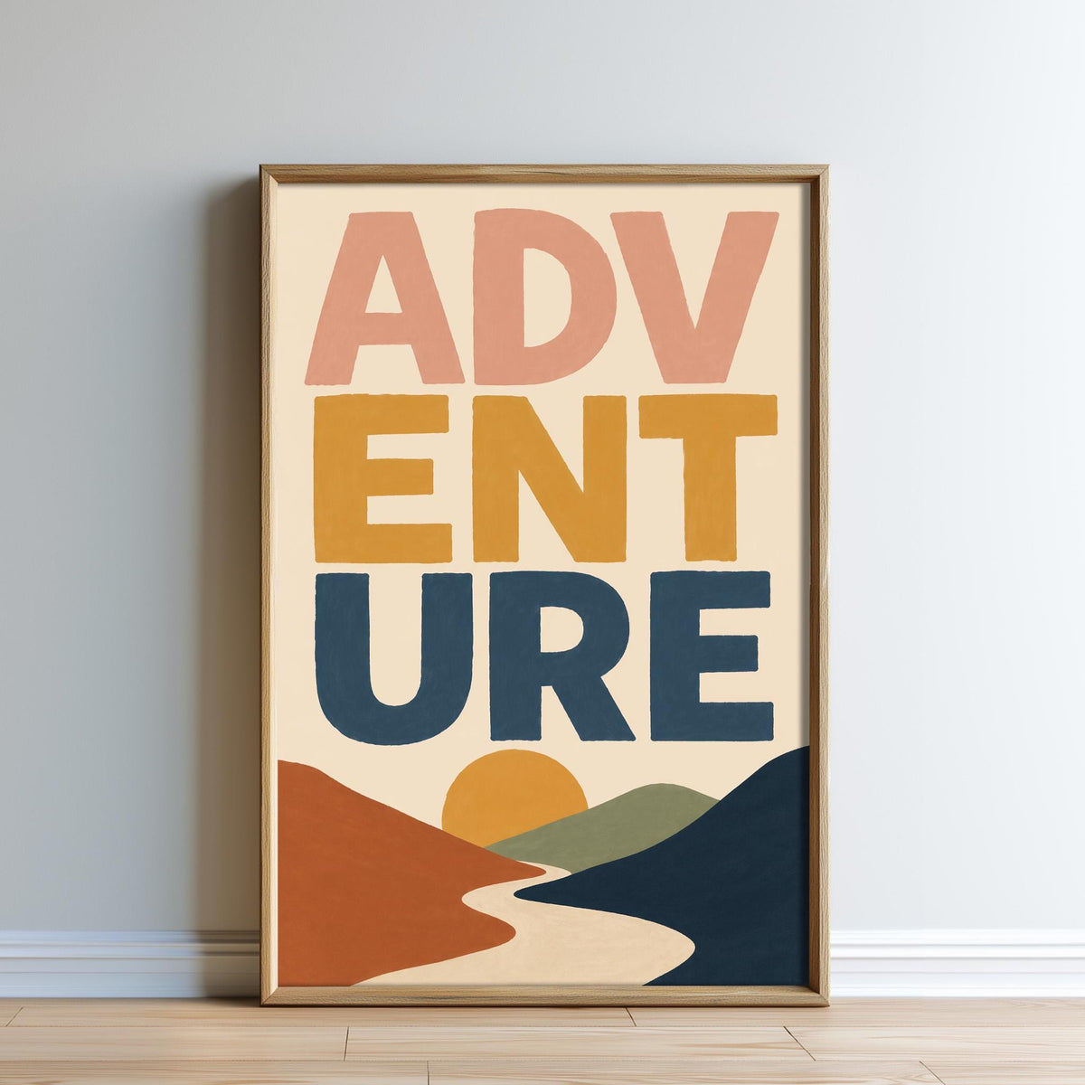 The image is a framed poster with the text "ADVENTURE" prominently displayed in the center.