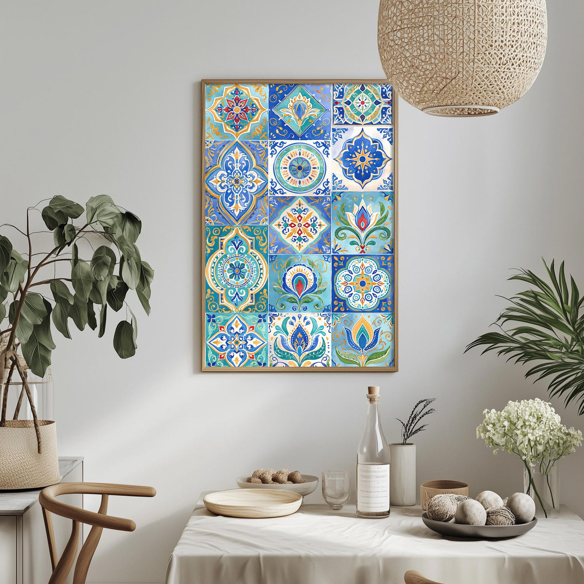 a dining table with a white tablecloth, a bowl of fruit, a bottle, and a vase with flowers. Above the table, there is a framed picture of a tile pattern with blue, green, and yellow colors.