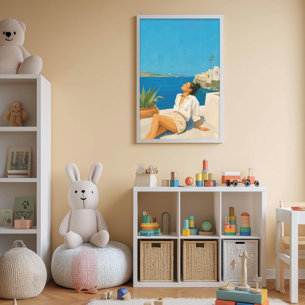A child's bedroom with a large stuffed rabbit, a bookshelf, a toy chest, and a framed painting of a woman sitting on a bench overlooking the ocean.