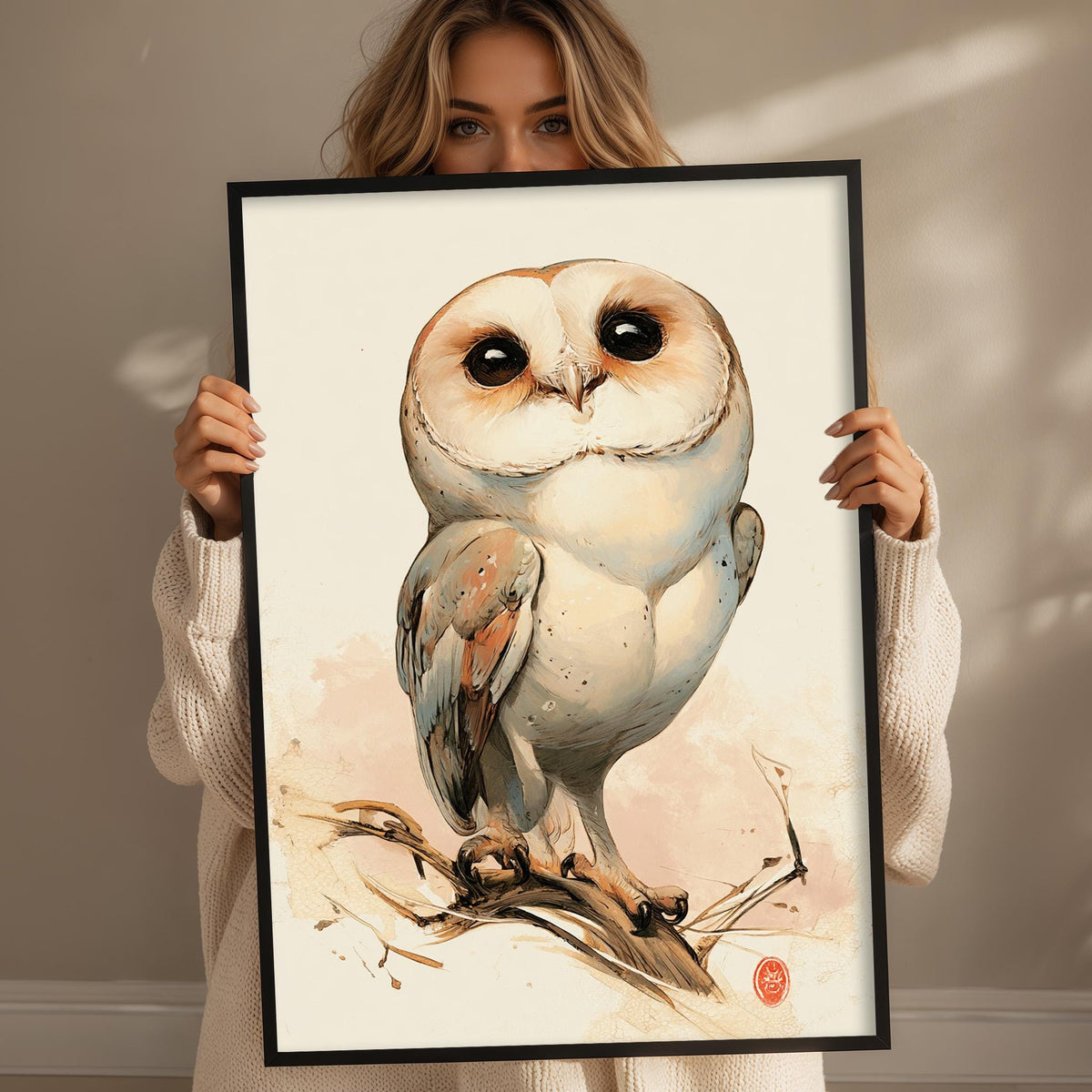 A woman is holding up a framed picture of a white owl with brown eyes and beak, standing on a branch.