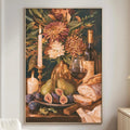 a cozy living room with a large painting of a still life arrangement on the wall, featuring a vase of flowers, a bottle of wine, and various fruits and vegetables.