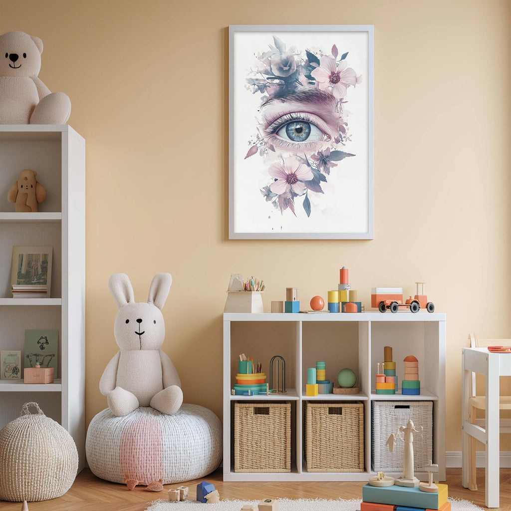 a cozy and colorful nursery room, featuring a large framed picture of an eye surrounded by flowers on the wall, a white bookshelf filled with toys, and a plush rabbit sitting on a bean bag chair.