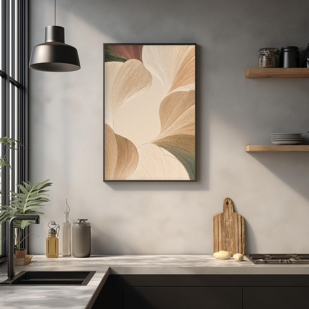 a modern kitchen with a large abstract painting hanging on the wall above a wooden cutting board and a sink.