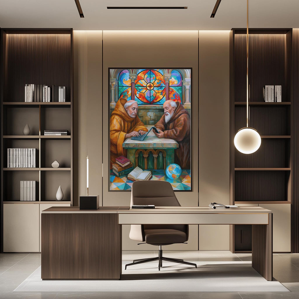 a modern office space with a large painting of two monks engaged in conversation on the wall. The office has a wooden desk, a chair, and a bookshelf filled with books. The overall design and decor create a serene and intellectual atmosphere.