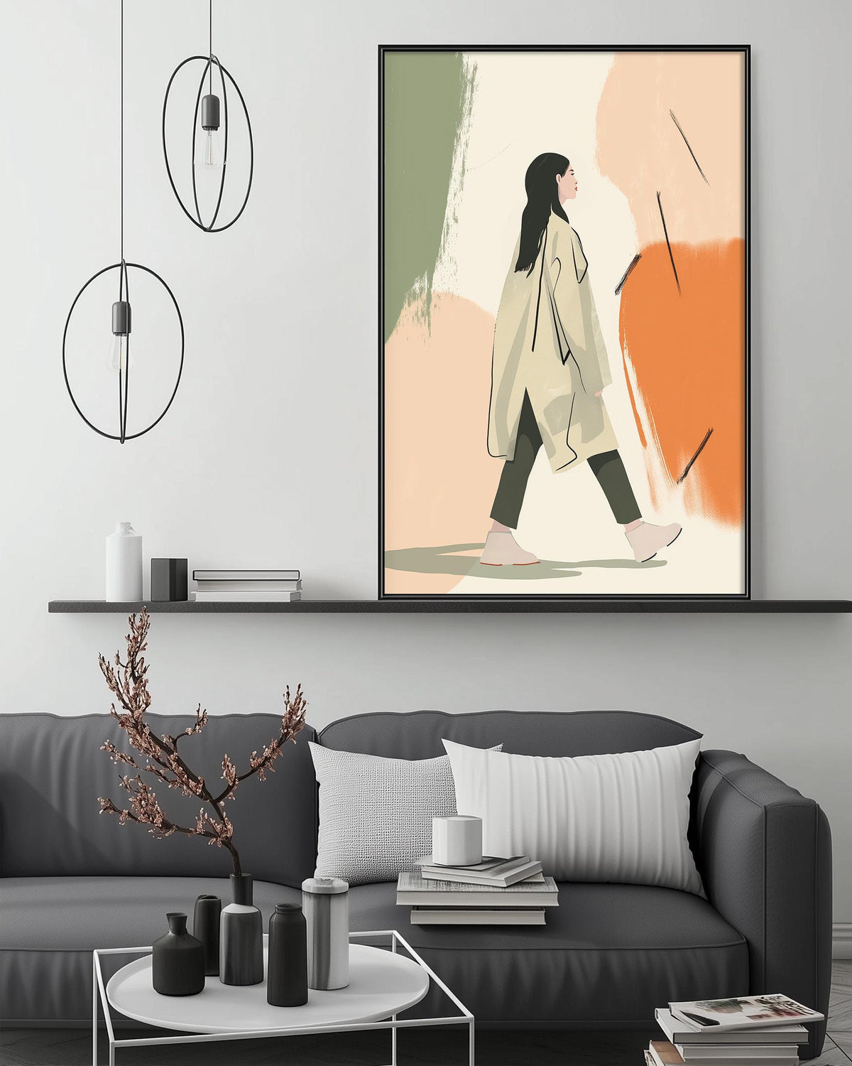 a modern living room with a gray sofa, a coffee table, and a large abstract painting of a woman in a coat hanging on the wall above the sofa.