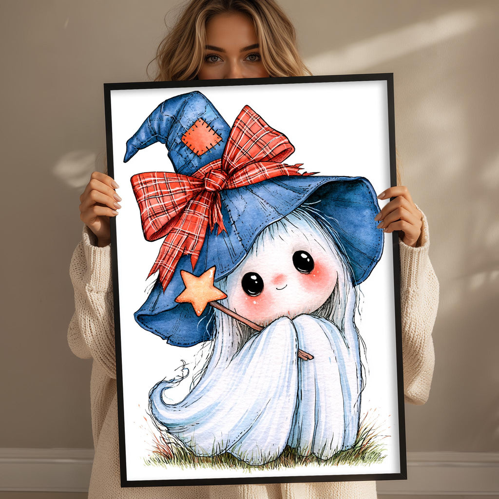 A woman is holding up a framed illustration of a whimsical, cartoonish ghost with a pointed hat and a star on its forehead.
