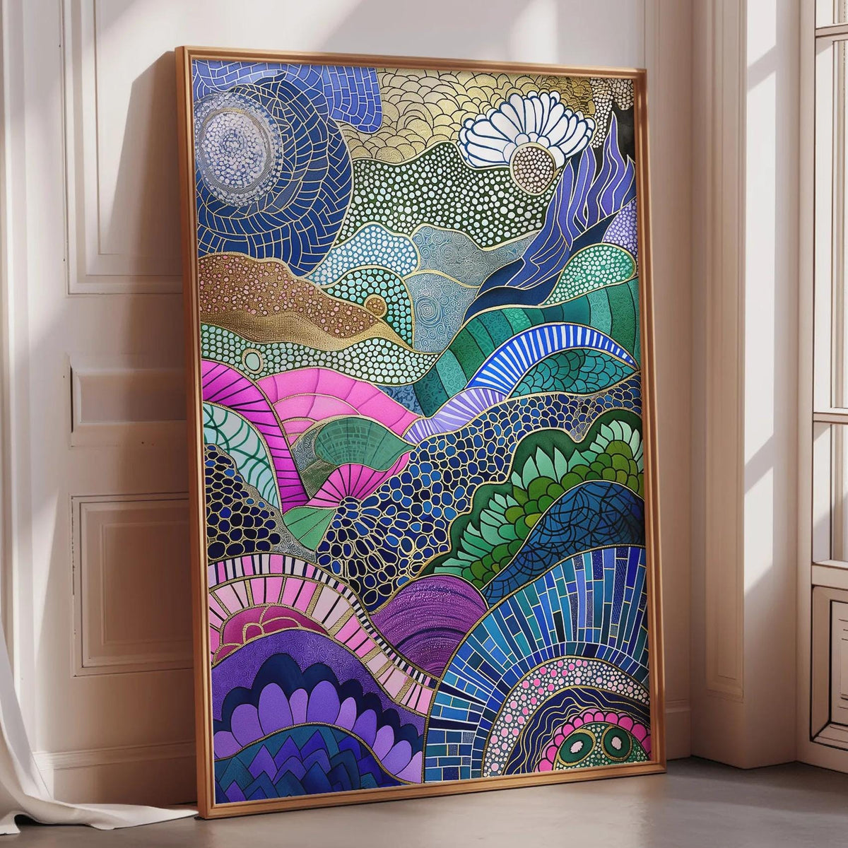 a large, colorful abstract painting displayed on a wall in a room with a window.