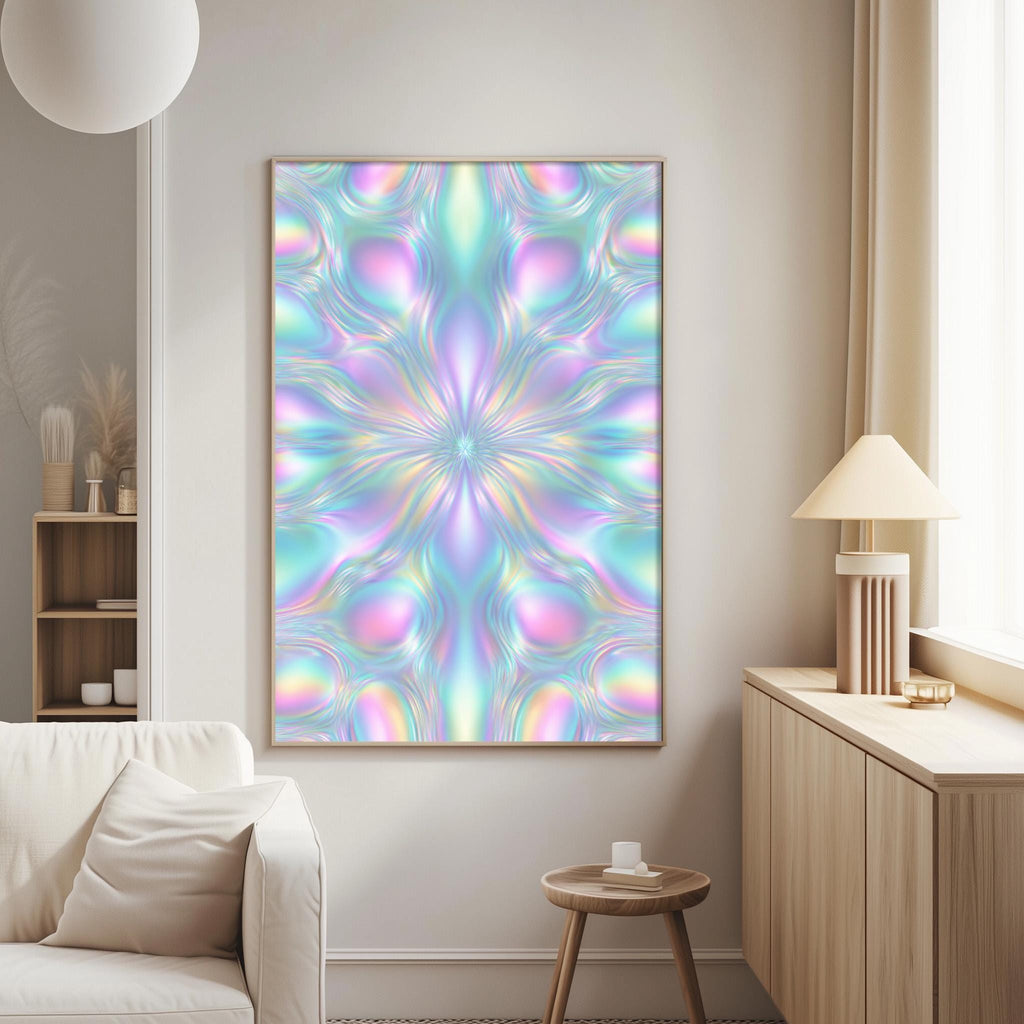 a large, colorful abstract painting hanging on a wall in a living room. The painting has a vibrant, multicolored design with swirling patterns and shapes that create a visually striking and dynamic composition.