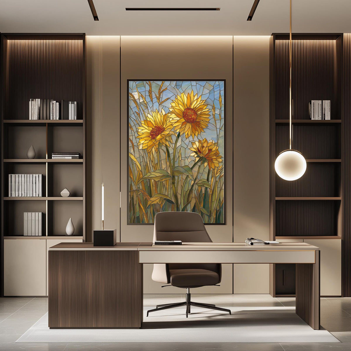 a modern office space with a large framed painting of sunflowers on the wall, a wooden desk with a chair, and built-in bookshelves.