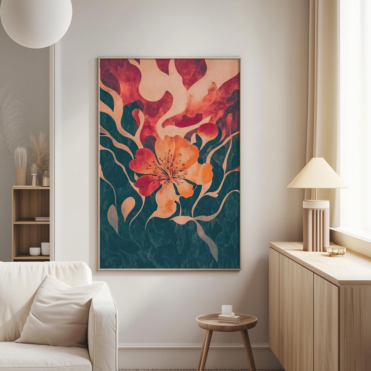 a large, colorful abstract painting hanging on a wall in a living room. The painting has a vibrant mix of red, orange, and green colors, with a large flower-like shape at the center. The room has a white sofa, a wooden side table, and a lamp on a table next to the sofa.