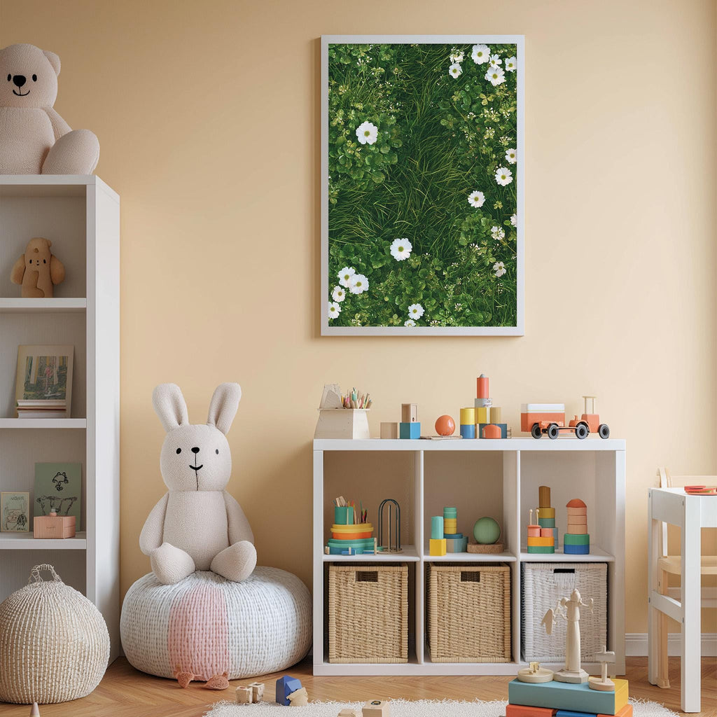 A cozy and colorful children's playroom with a white bookshelf, a plush bunny, and a toy train set. The room has a cheerful and inviting atmosphere, with a framed picture of flowers on the wall and various toys and storage bins scattered throughout the space.